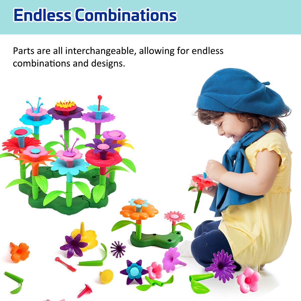 Byserten Flower Garden Building Set – 98 Pcs for 3-6 Year Old Girls (11 Colors)
