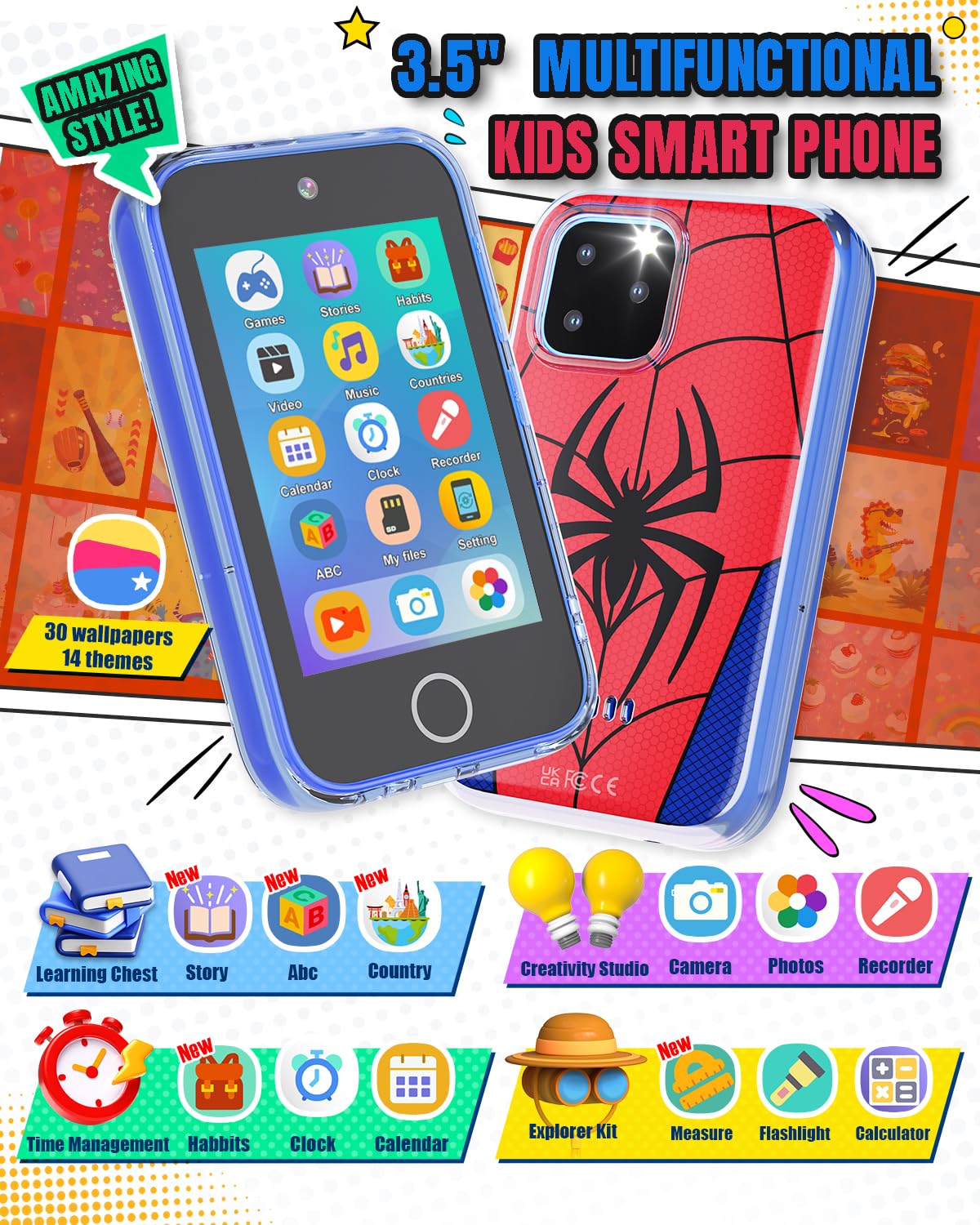 Byserten Kids Smart Phone - 3.5-inch Educational Phone with Dual Cameras, Games, Habit Tracker & Music Player