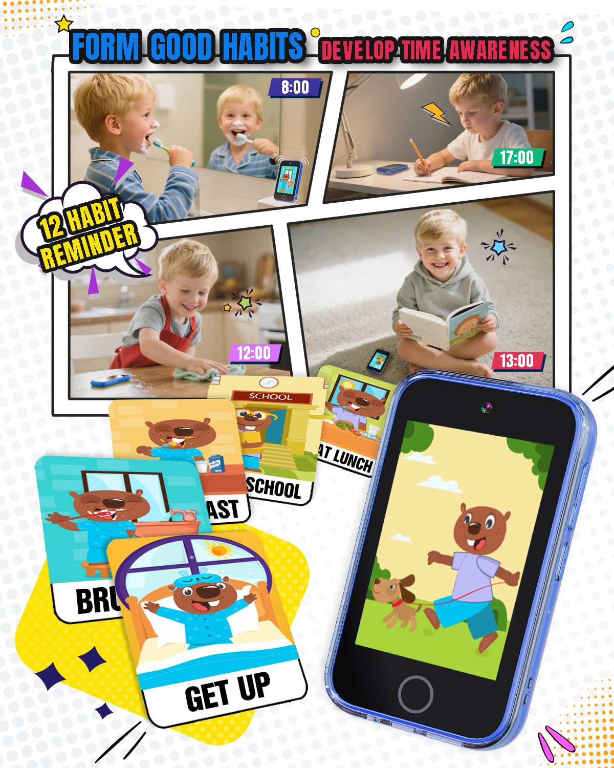 Byserten Kids Smart Phone - 3.5-inch Educational Phone with Dual Cameras, Games, Habit Tracker & Music Player