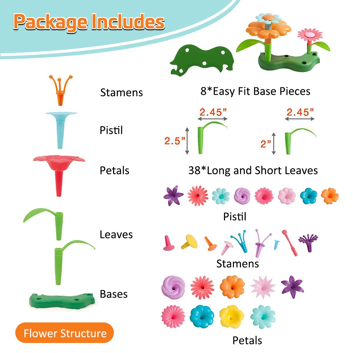 Byserten Flower Garden Building Set – 98 Pcs for 3-6 Year Old Girls (11 Colors)