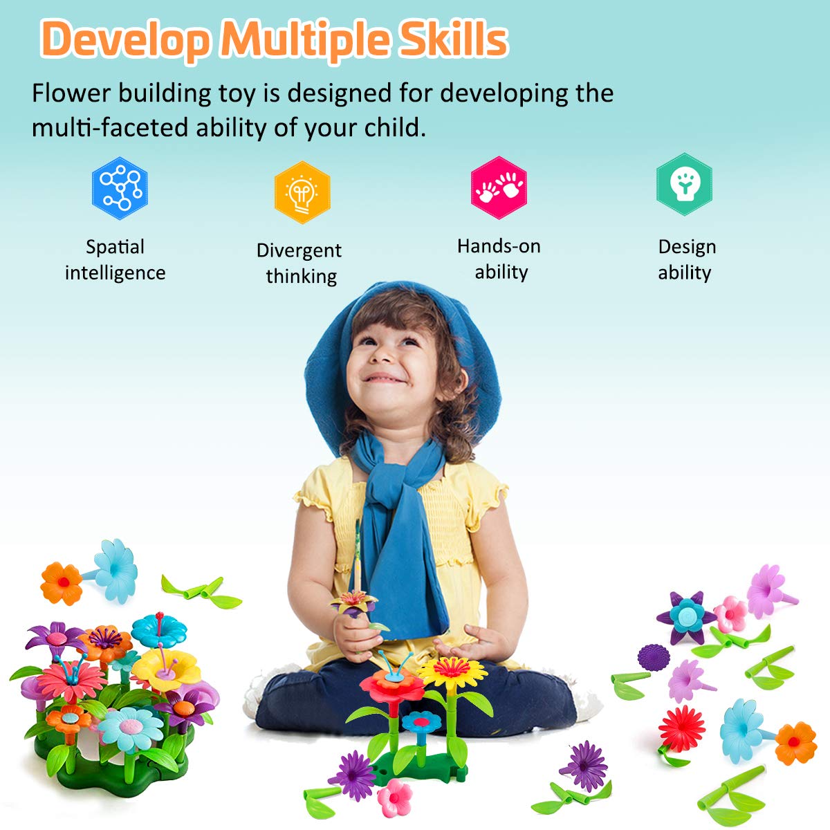 Byserten Flower Garden Building Set – 98 Pcs for 3-6 Year Old Girls (11 Colors)