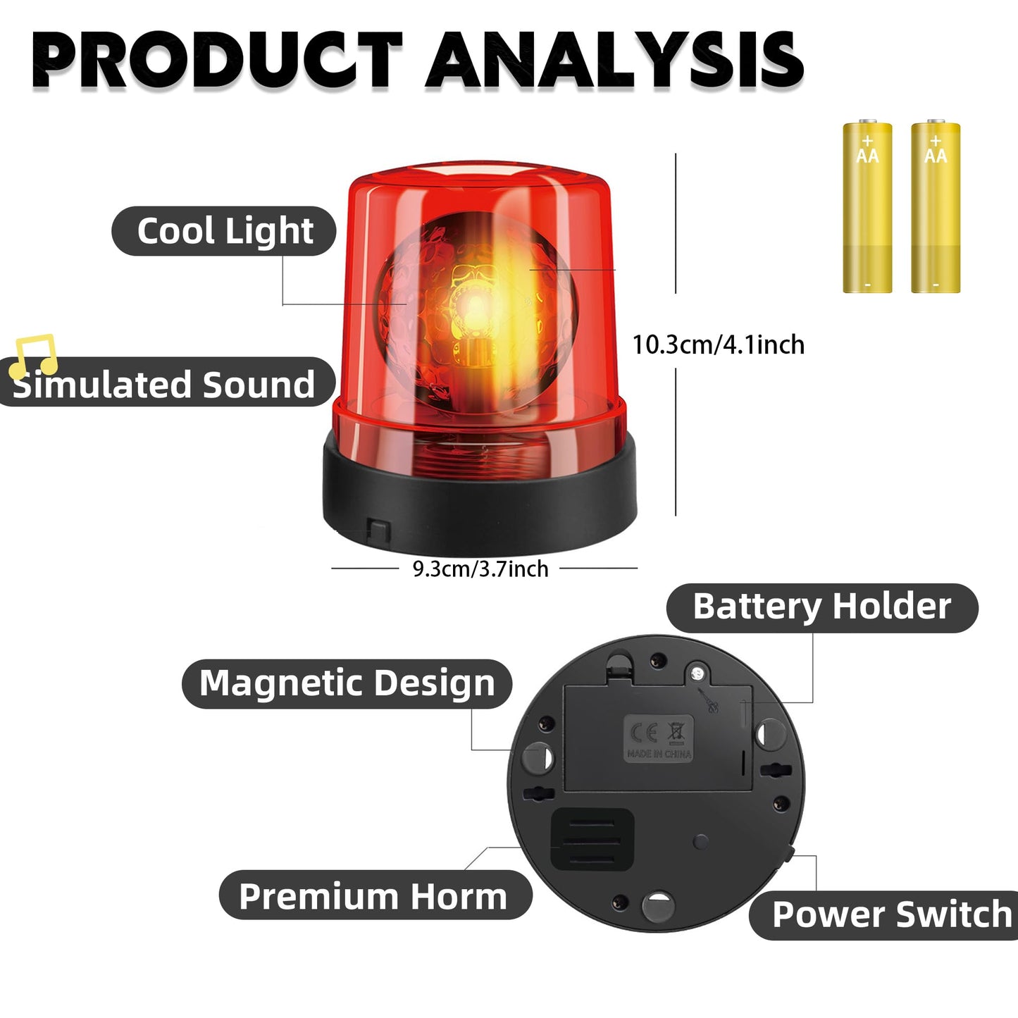 BYTEWAR Toy Police Lights Strobe Light – 360° Rotating Flashing Light for Role-Play (Red)