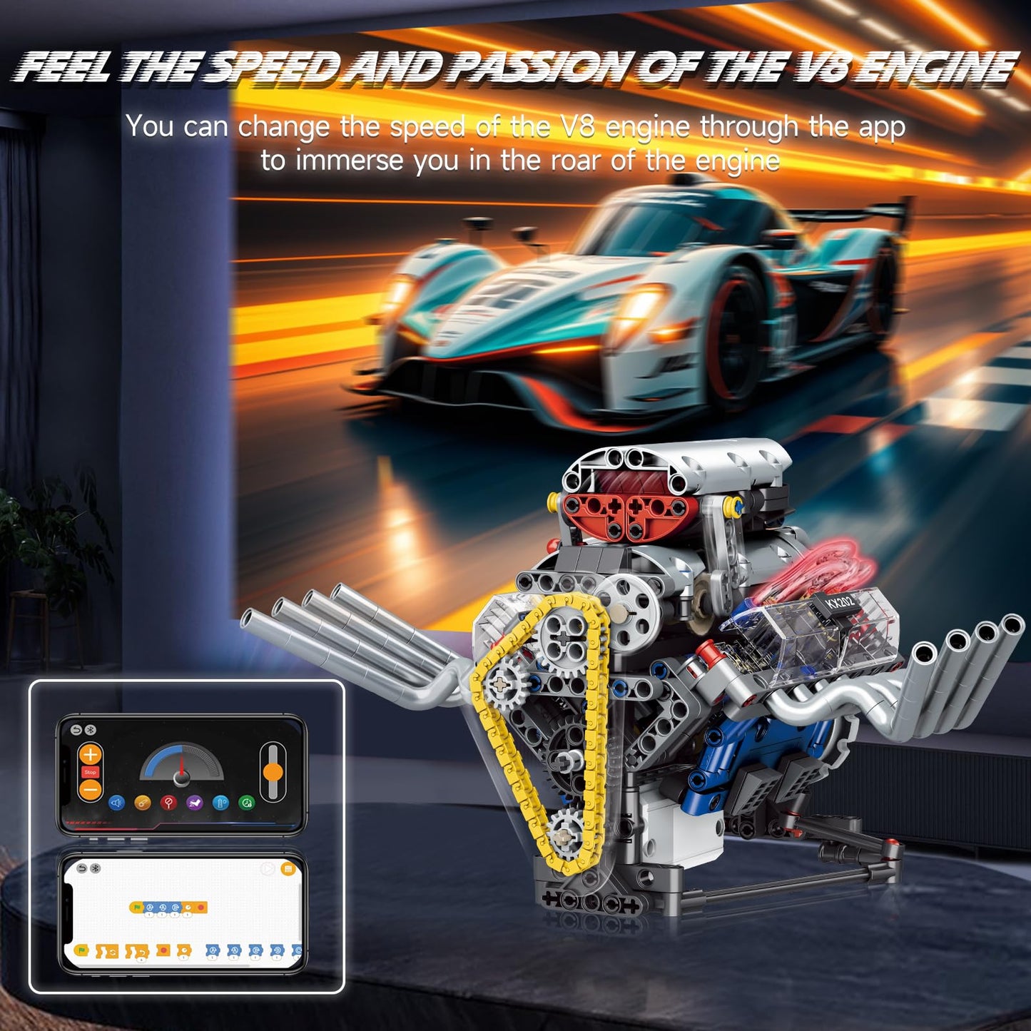 BYTLK V8 Engine Building Set – Build a Working Mini V8 Engine (665 Pcs) for Adults
