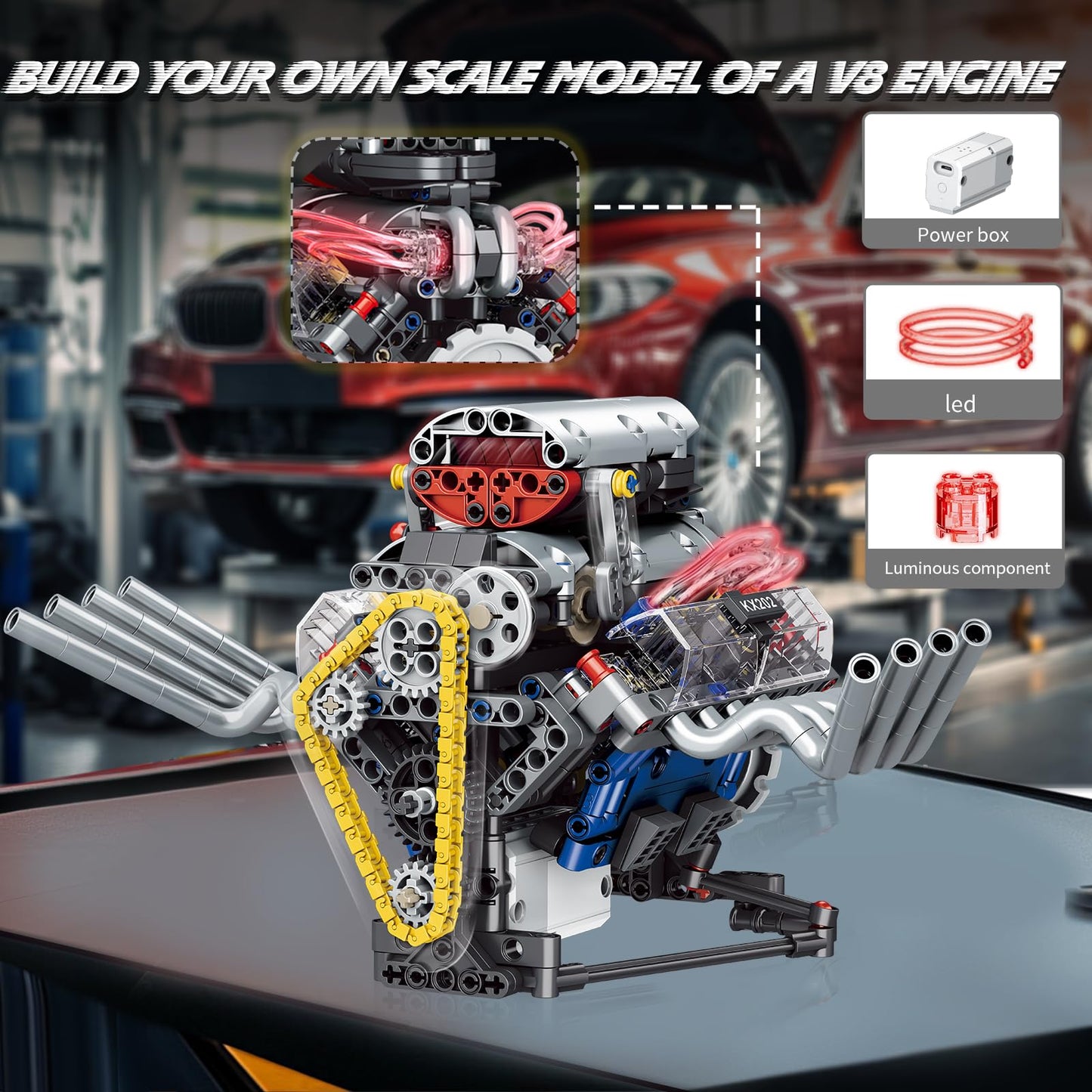 BYTLK V8 Engine Building Set – Build a Working Mini V8 Engine (665 Pcs) for Adults