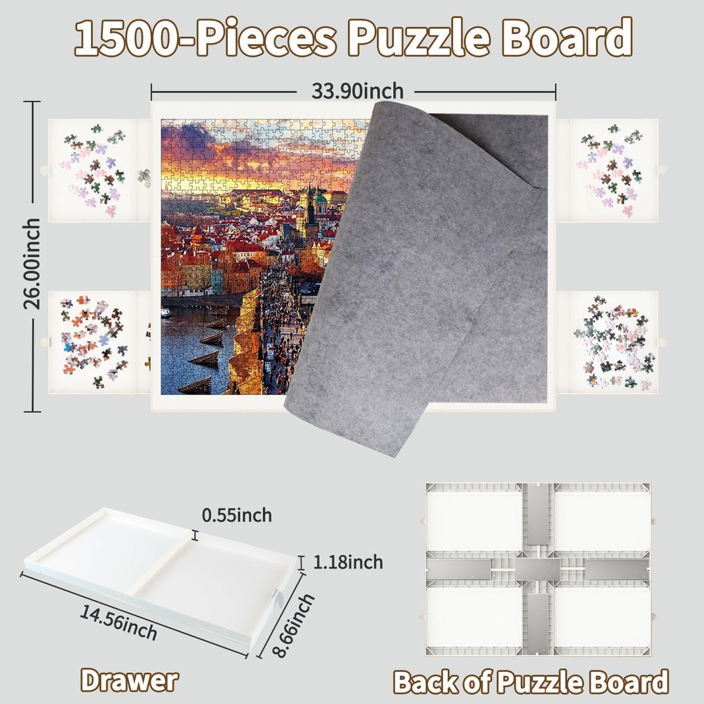 BZseed 1500-Piece Puzzle Board with Drawers & Cover — 35x27 Portable Jigsaw Table