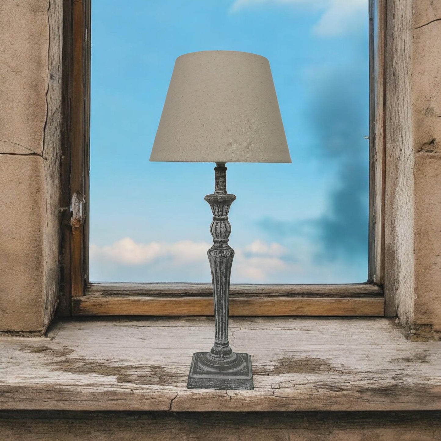AcaciaHome Modern Tall Wooden Washed Table Lamp - Traditional Shabby Chic Design with Taupe Linen Shade, Wood Effect Finish for Living Rooms, Bedrooms, or Hallways Decor (32cm Grey with Cream Shade)