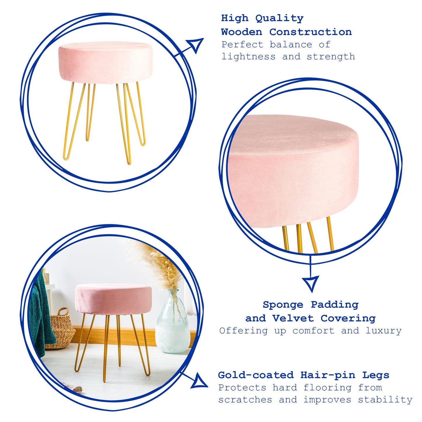 Pink Round Velvet Footstool