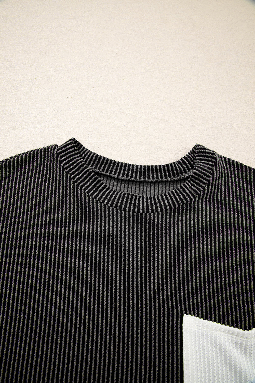 Light Blue Corded Knit Color Block Pocketed Crew Neck T Shirt