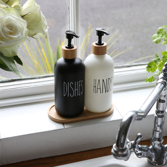 2pc 500ml Black & White Glass Hand & Dish Soap Dispenser Set with Bamboo Tray