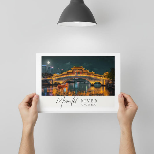 Moonlit River Crossing Poster - Illuminated Bridge Night Scene - Modern Landscape Wall Art Print