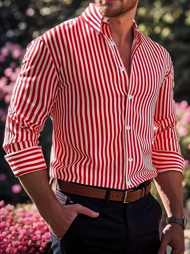 Ins Stripe Printed Long Sleeve Shirt Men Fashion Casual Lapel Button Top Clothing