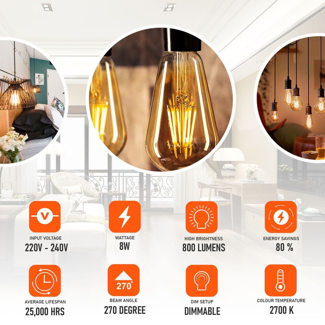 5Pack E27 LED Edison Dimmable Vintage Amber Glass Warm white 2700K Light Bulb