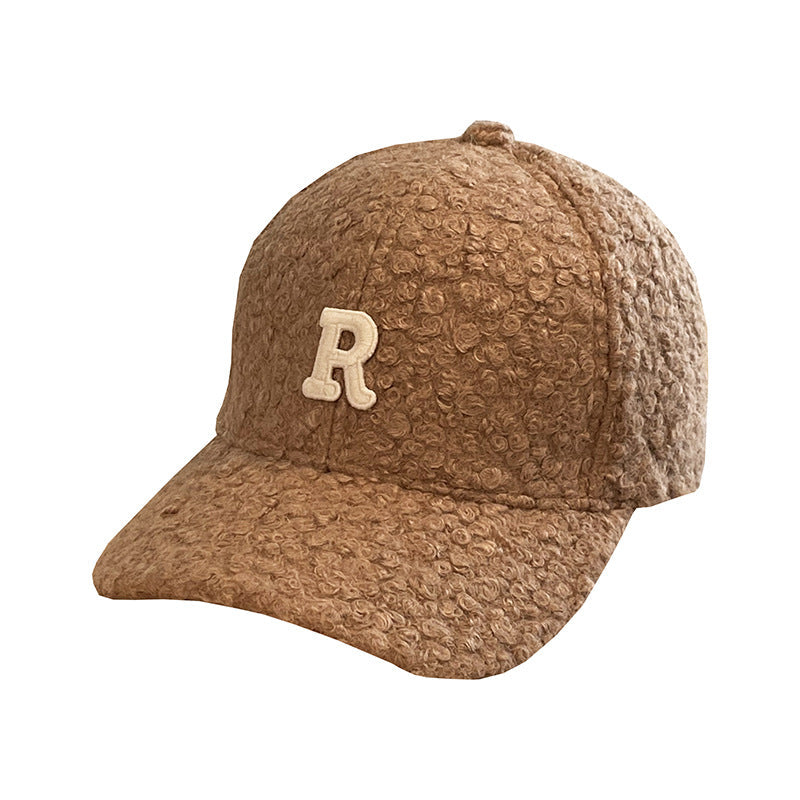 Winter Thick Lambskin Furry Large R Letter Baseball Cap