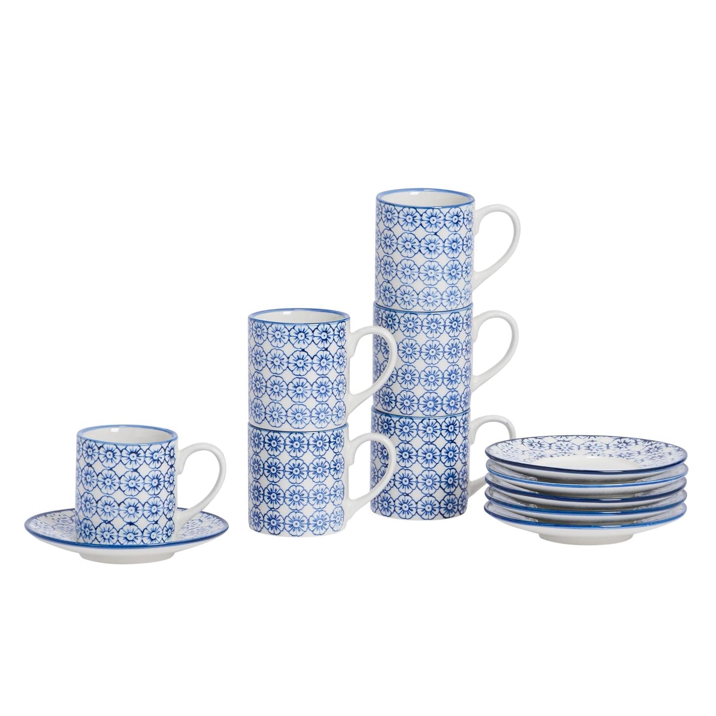 12pc 65ml Hand-Printed Stoneware Navy Espresso Cup & Saucer Set