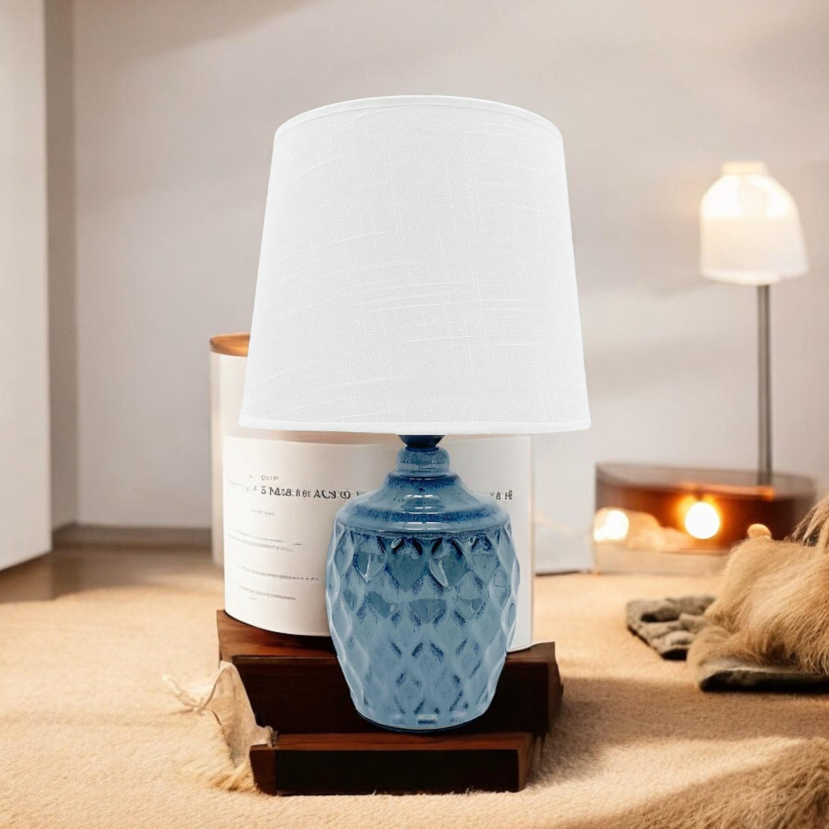 40CM BLUE CERAMIC  LAMP AND SHADE