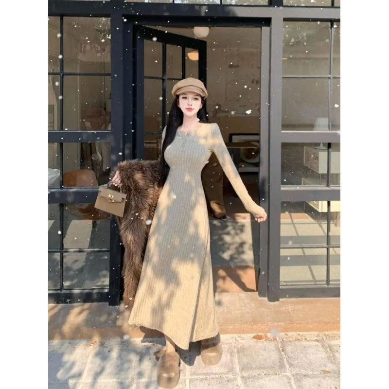 Slim-fit Temperament Pure Color Bottoming Skirt V-neck Knitted French Midi Skirt