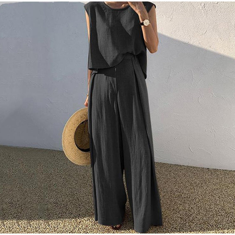 Cotton And Linen Casual Sleeveless Top Wide Leg Pants Two-piece Set