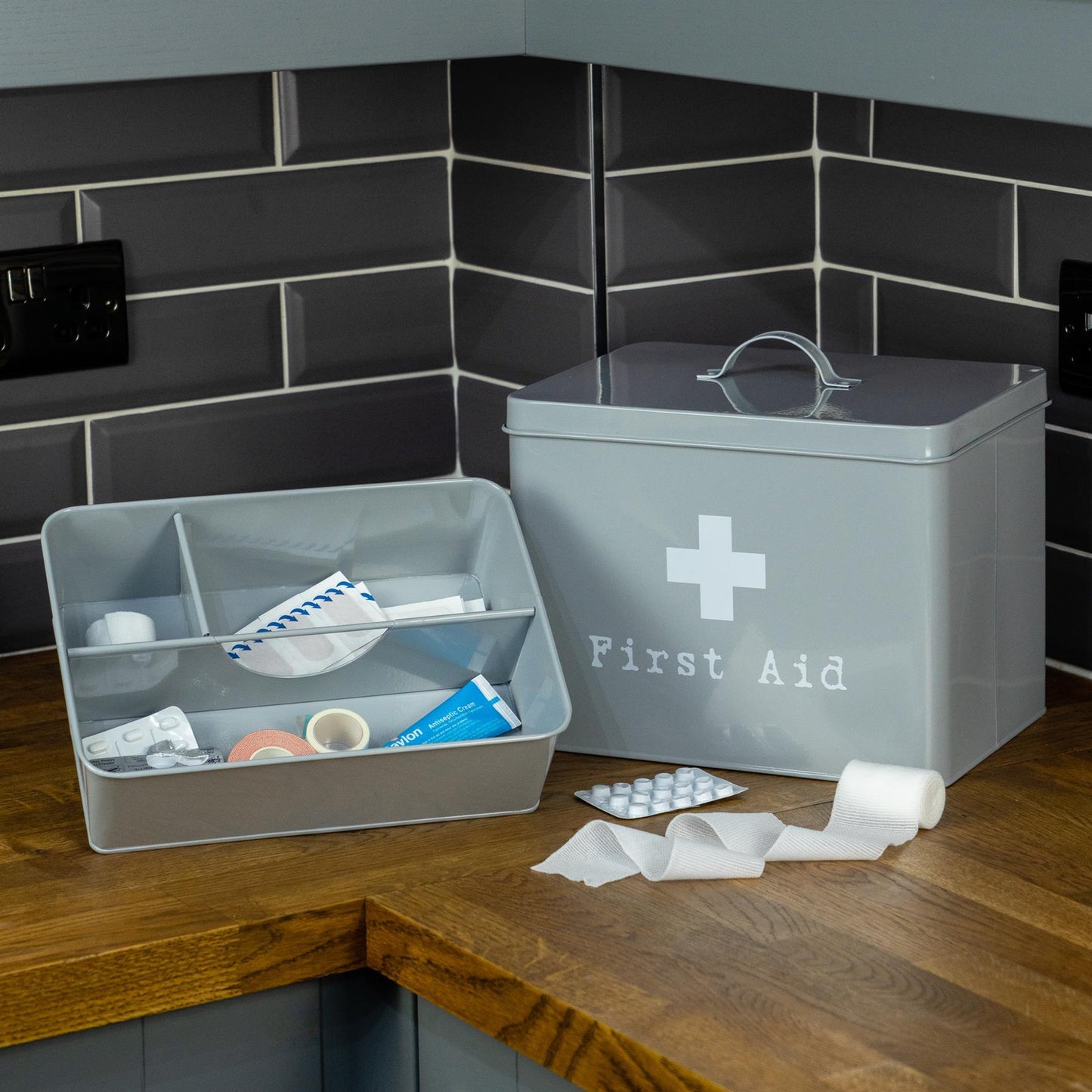 Large Grey Vintage First Aid Tin