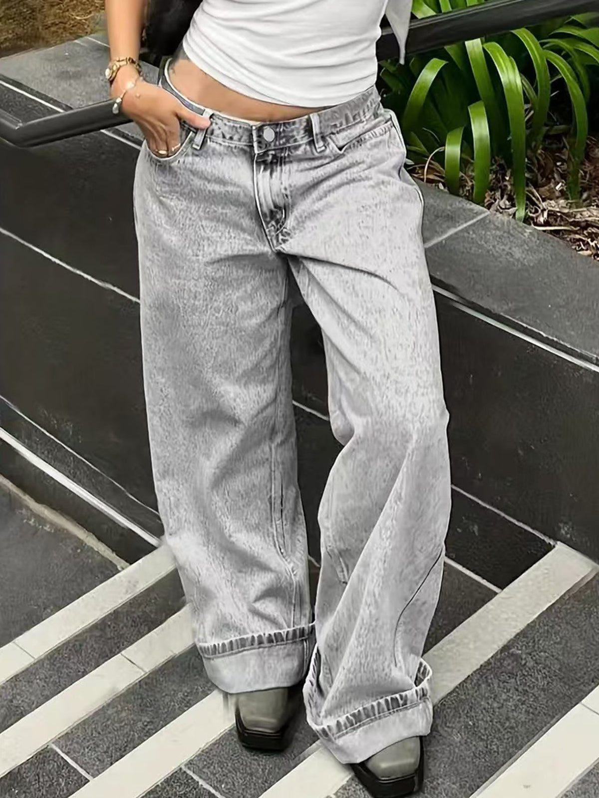 Loose Casual Straight-leg Jeans With Side Pockets For Women