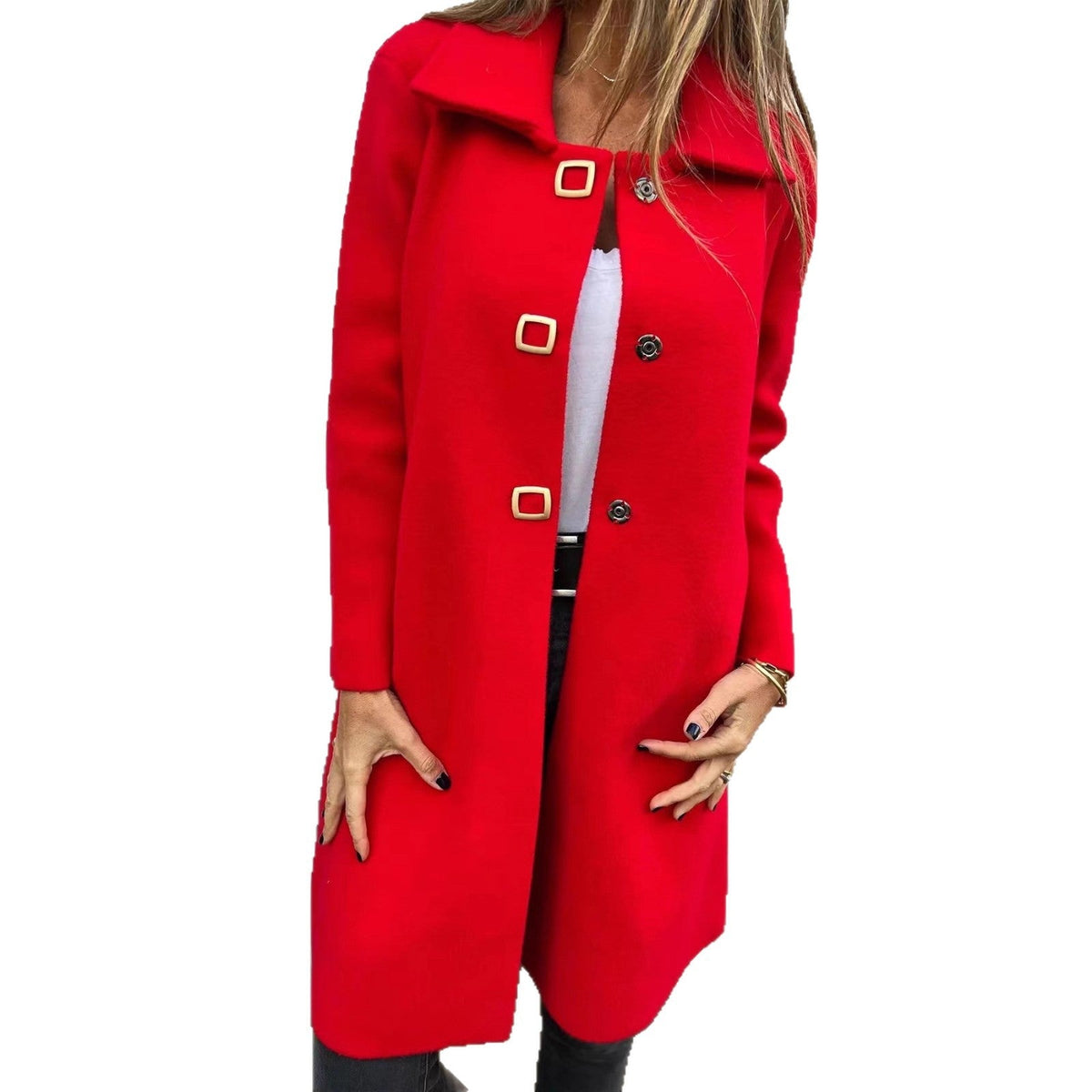 Women's Solid-color Mid-length Wool Coat With A Single-breasted Design