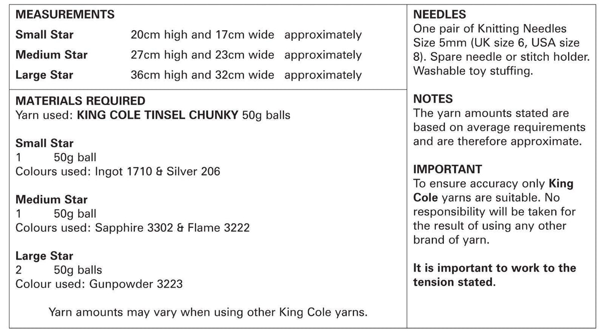 King Cole 9106 Knitting Pattern Christmas Tinsel Star Decorations in Tinsel Chunky