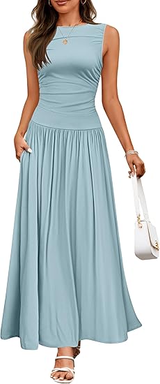 Women's Summer Sleeveless Maxi Dress Casual Round Neck Pleated Elegant Maxi Dress With Pockets
