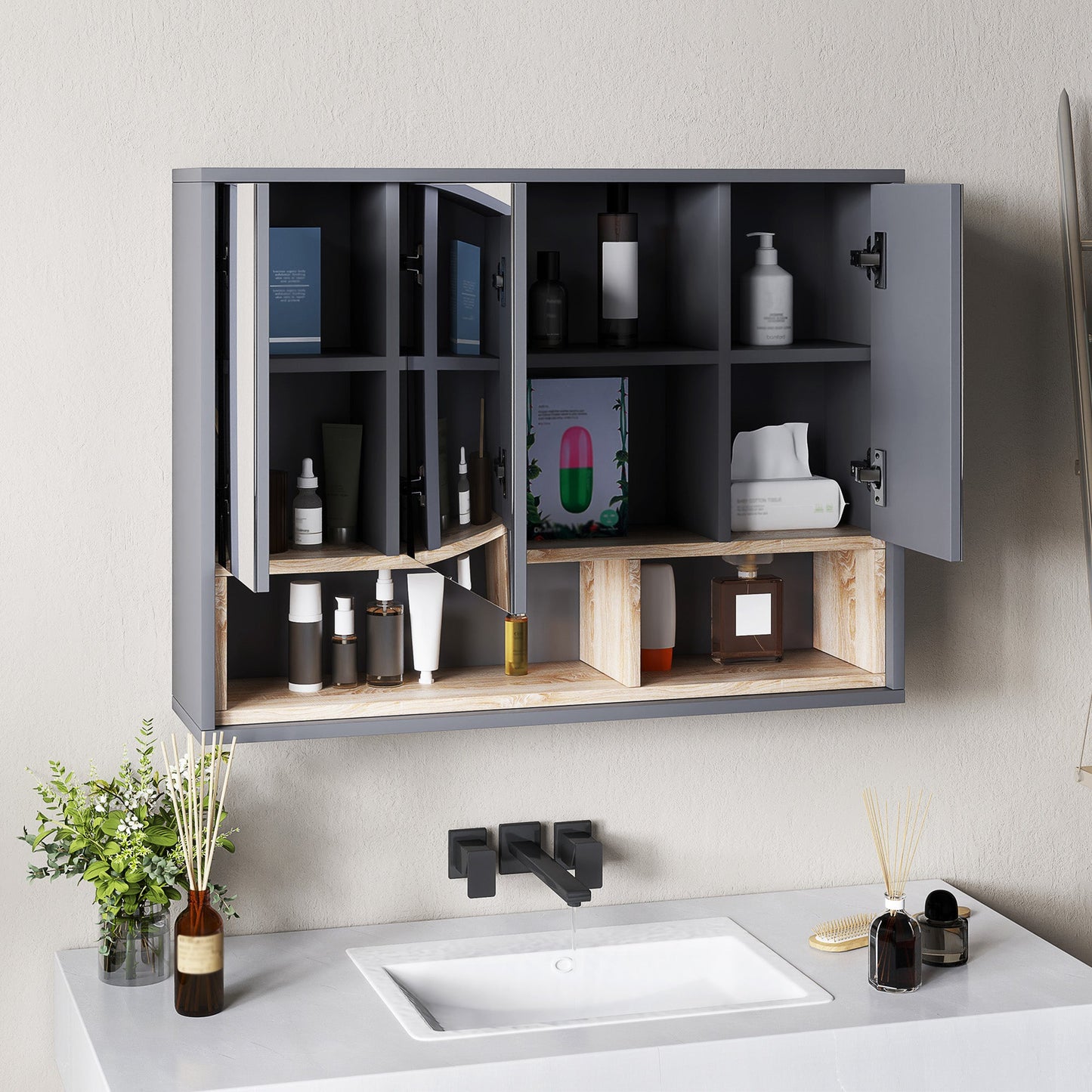 HOMCOM Bathroom Cabinet Wall Mounted Mirror Storage with Shelves Grey