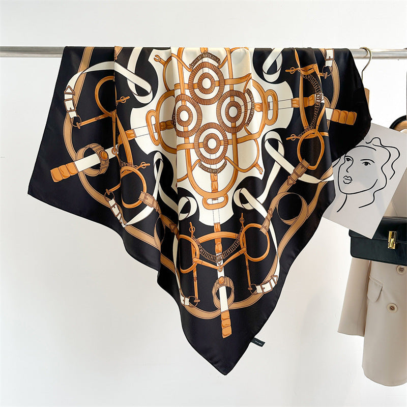 Women's Premium Twill Silk Scarf, Large Printed 90/90cm Striped Square Scarf