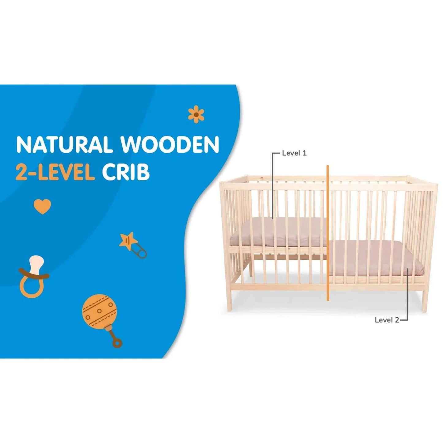 Kukka Natural Wood 2-Level Cot 60x120 cm