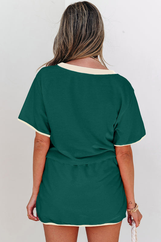 Evergreen Colorblock Edge Drop Shoulder T Shirt and Skort 2Pcs Set