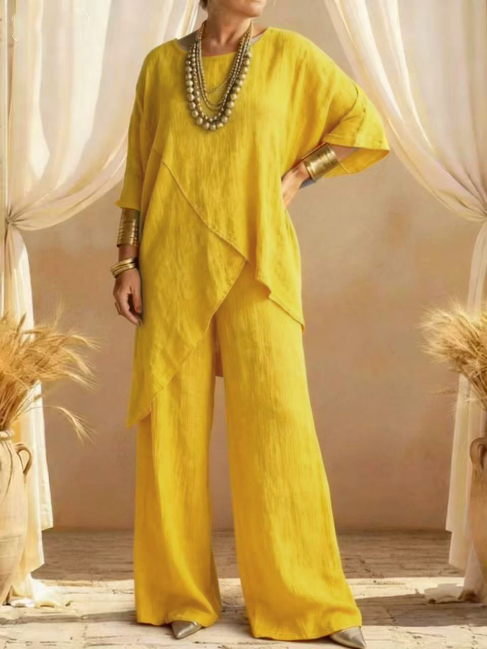 Womens Cotton-linen Crew-neck Loose Casual Two-pieces Set