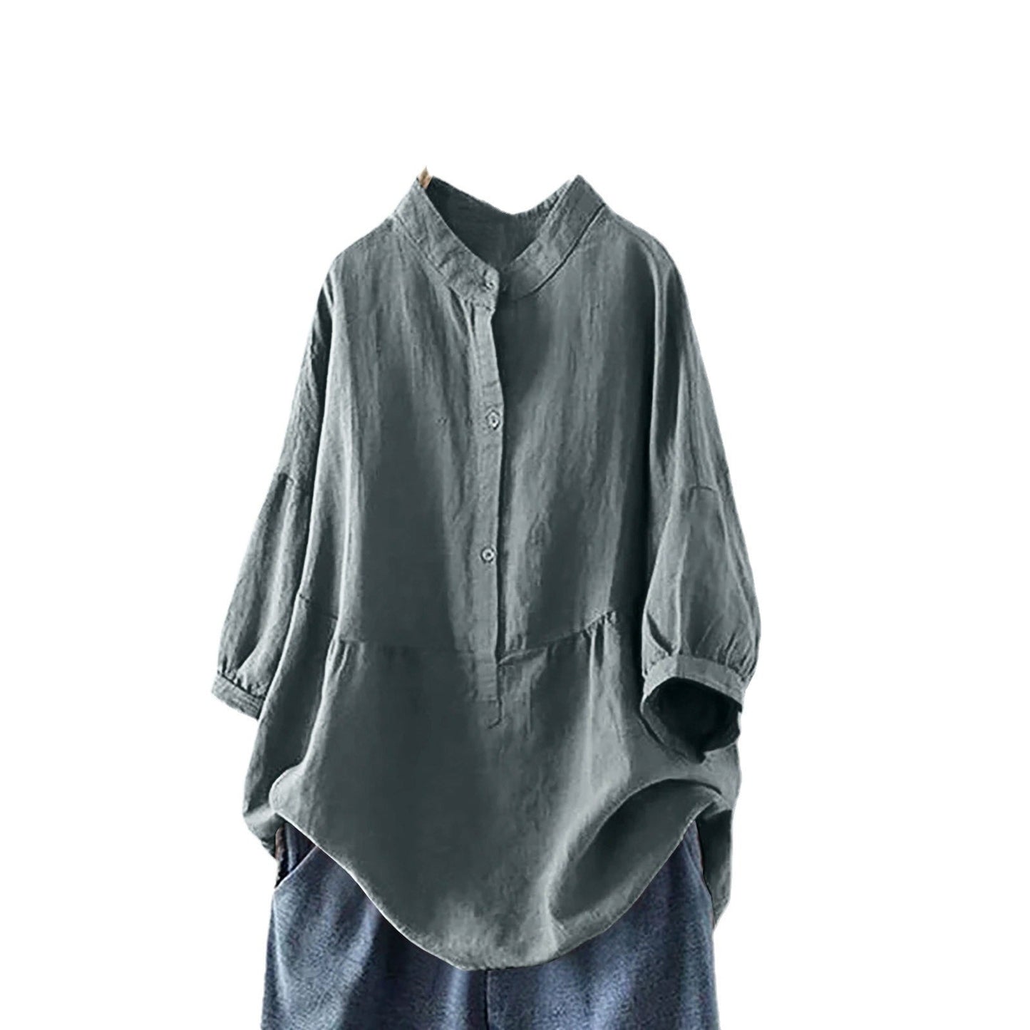 Mandarin-collar Single-breasted Traditional-style Solid-color Long-sleeve Pullover Shirt