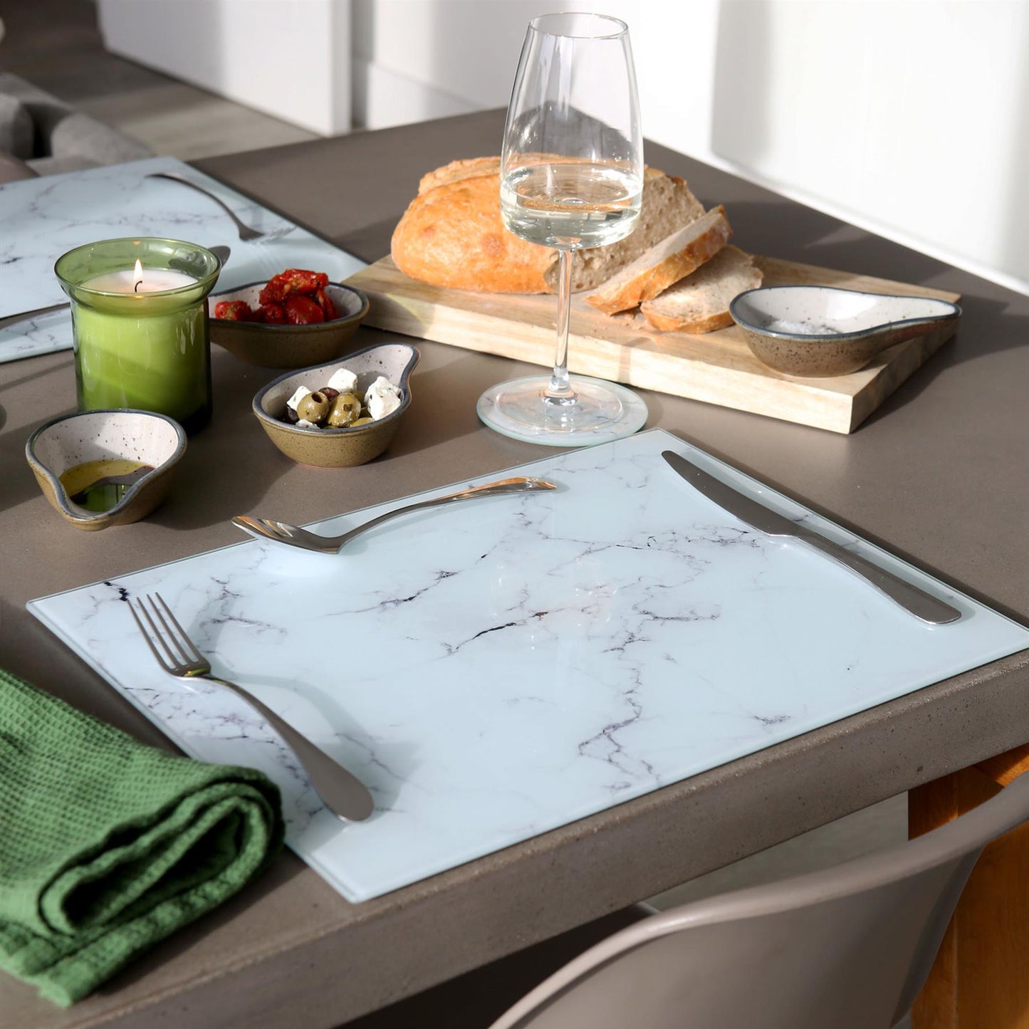 12pc Rectangle Glass Placemats & Round Coasters Set - 40cm x 30cm - Marble