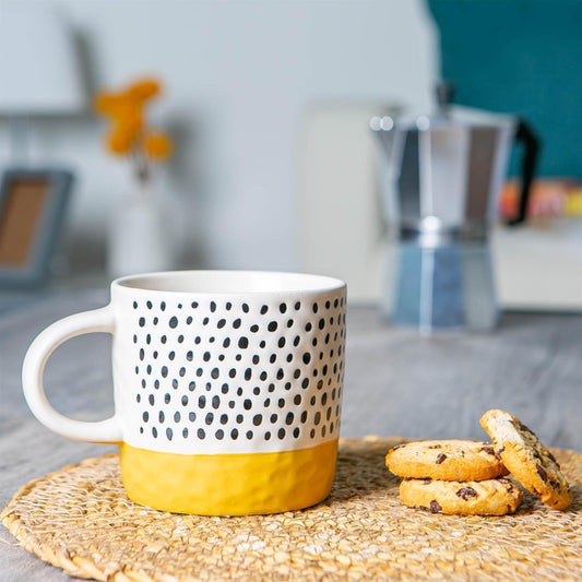 385ml Yellow Colour Block Spot Portuguese Stoneware Coffee Mugs - Pack of Six