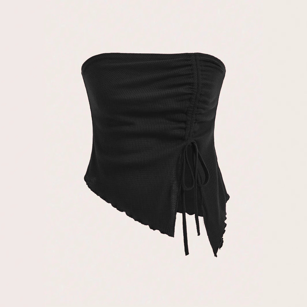 Women's Summer New Arrival Drawstring Slit Asymmetrical Waffle-Texture Slim-fit Tube Top Bustier