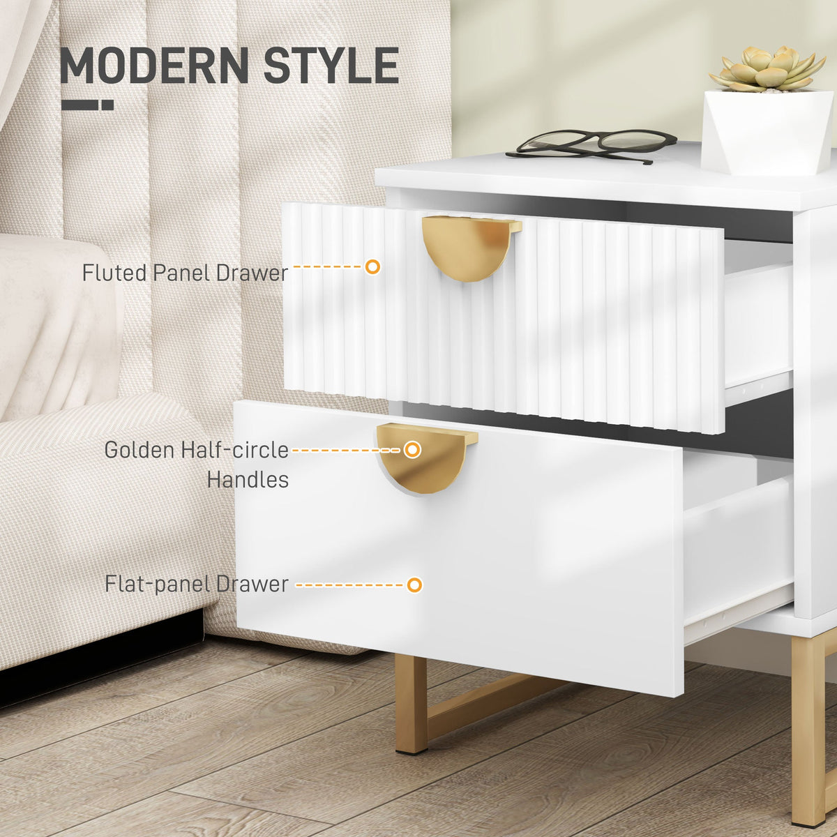 HOMCOM Bedside Table with 2 Drawers for Bedroom, Living Room, White