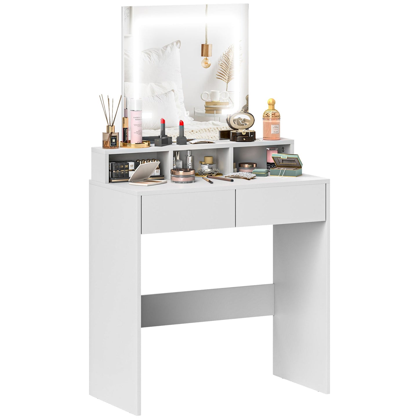 HOMCOM Dressing Table with Mirror, LED Lights, Drawers, for Bedroom, White