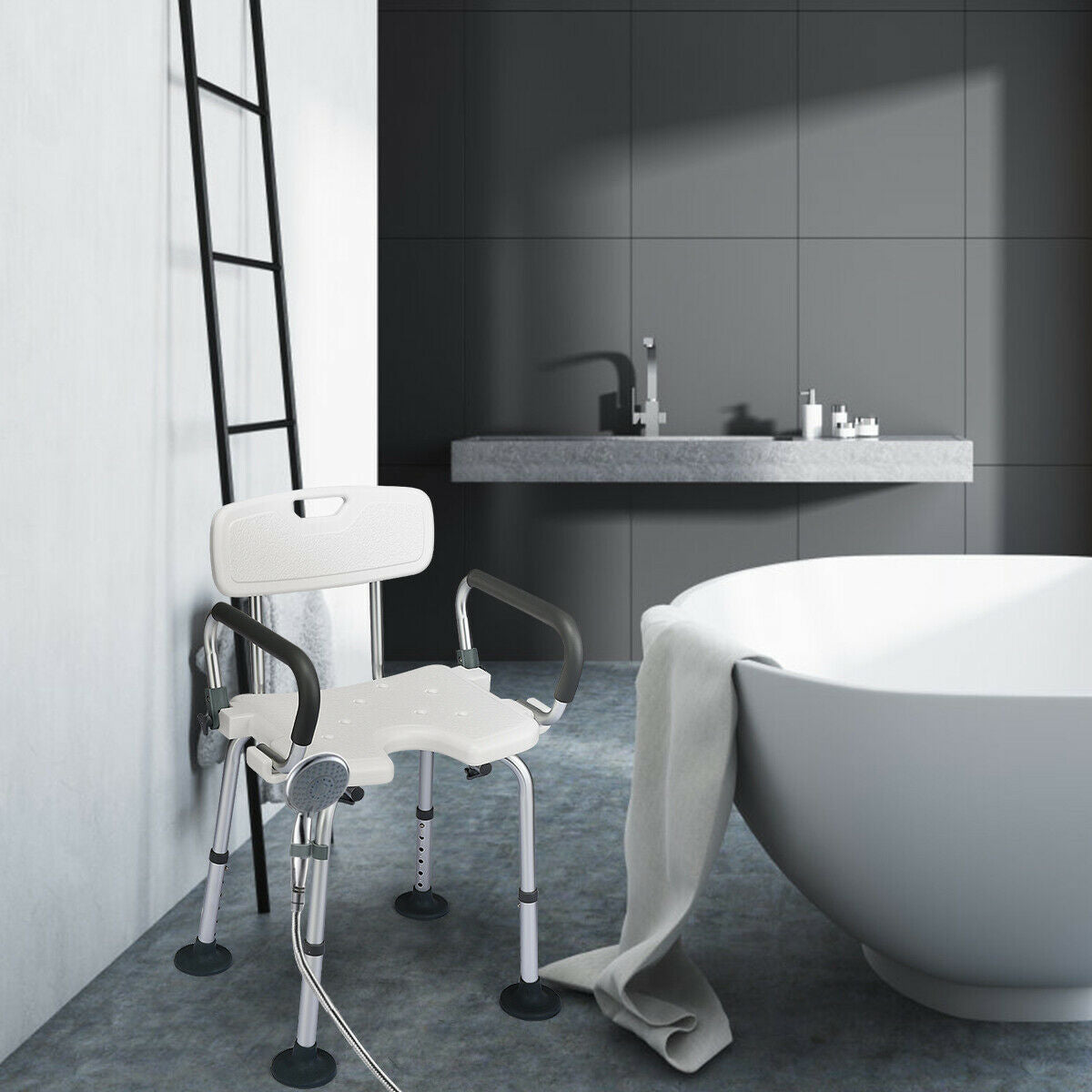 Shower Stool with Removable Arm and Back Rests-Black