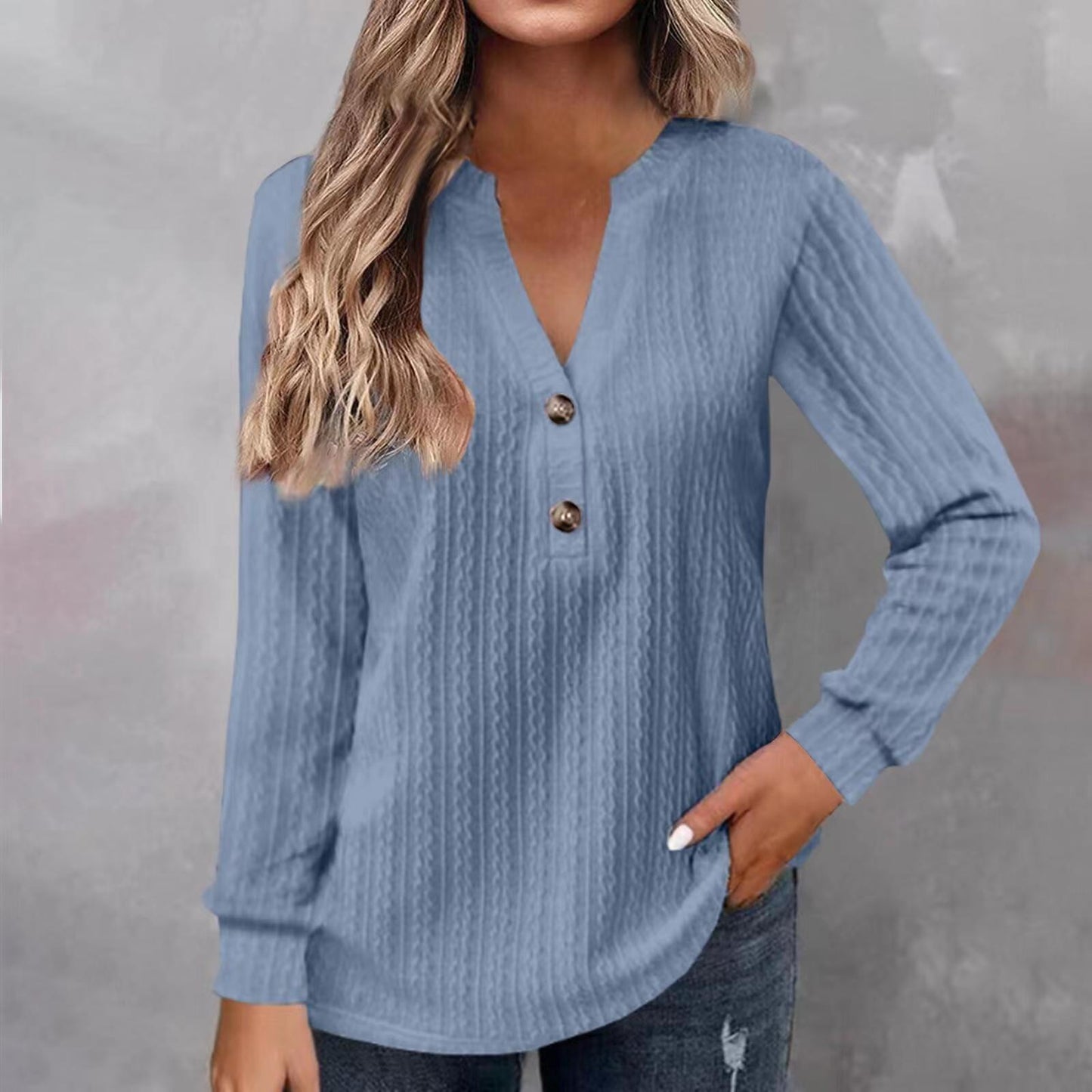 Women's Solid-color Long-sleeve V-neck Button T-shirt Top