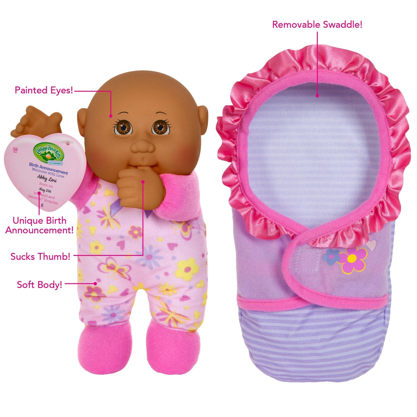 Cabbage Patch Kids Official Newborn African American Girl Doll – 9-Inch Lil' Swaddler with Swaddle and Adoption Birth Announcement