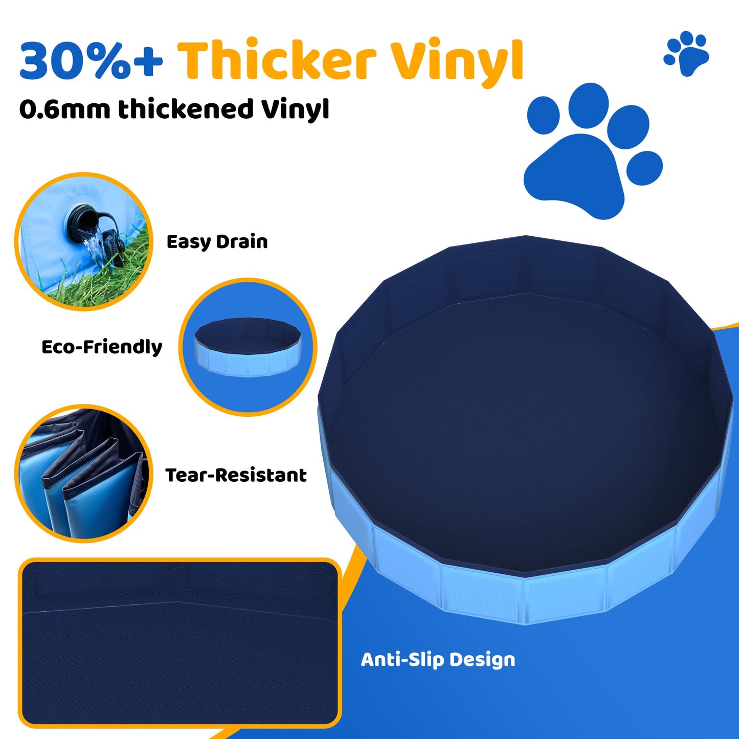 CACSPS 55.1 x 12 in Foldable Dog Pool – Collapsible, Non-Slip, Lightweight Outdoor Pool (Blue)