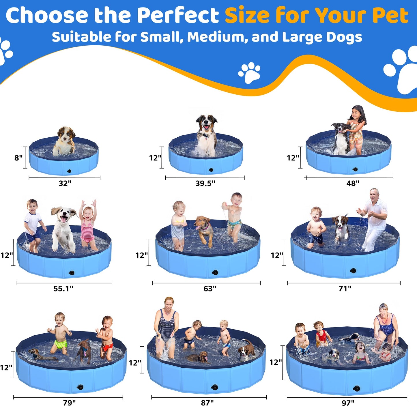 CACSPS 55.1 x 12 in Foldable Dog Pool – Collapsible, Non-Slip, Lightweight Outdoor Pool (Blue)