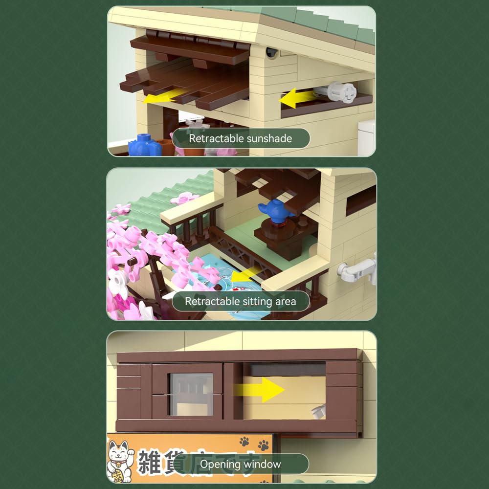 CaDA Japanese Style Cat Grocery Store House Building Set – 8,921-Piece Kit with Lights