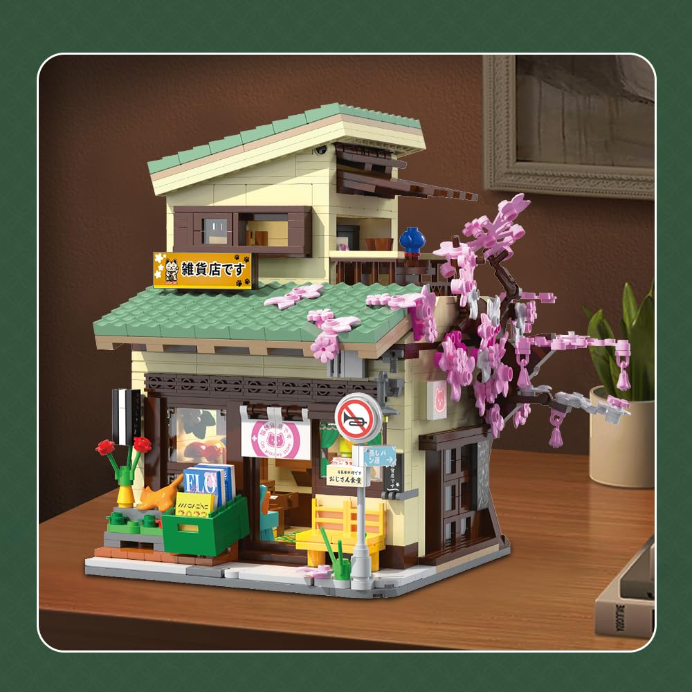 CaDA Japanese Style Cat Grocery Store House Building Set – 8,921-Piece Kit with Lights