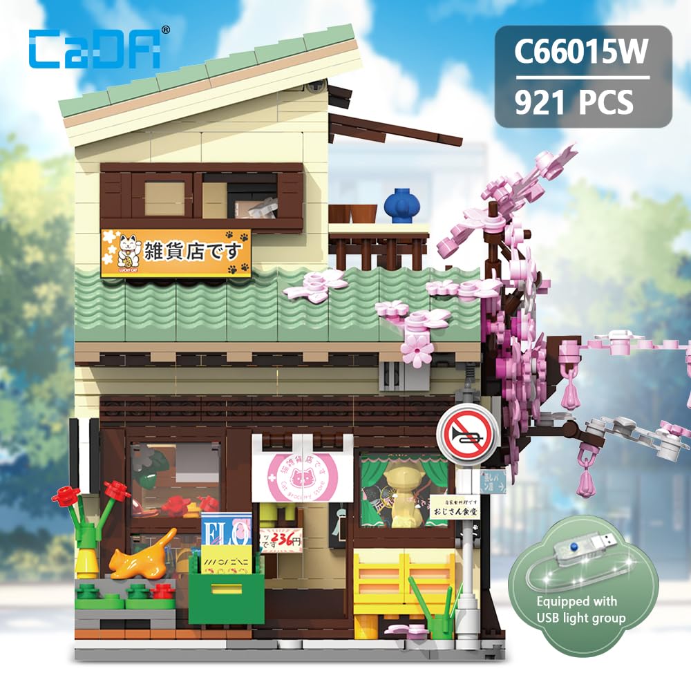 CaDA Japanese Style Cat Grocery Store House Building Set – 8,921-Piece Kit with Lights