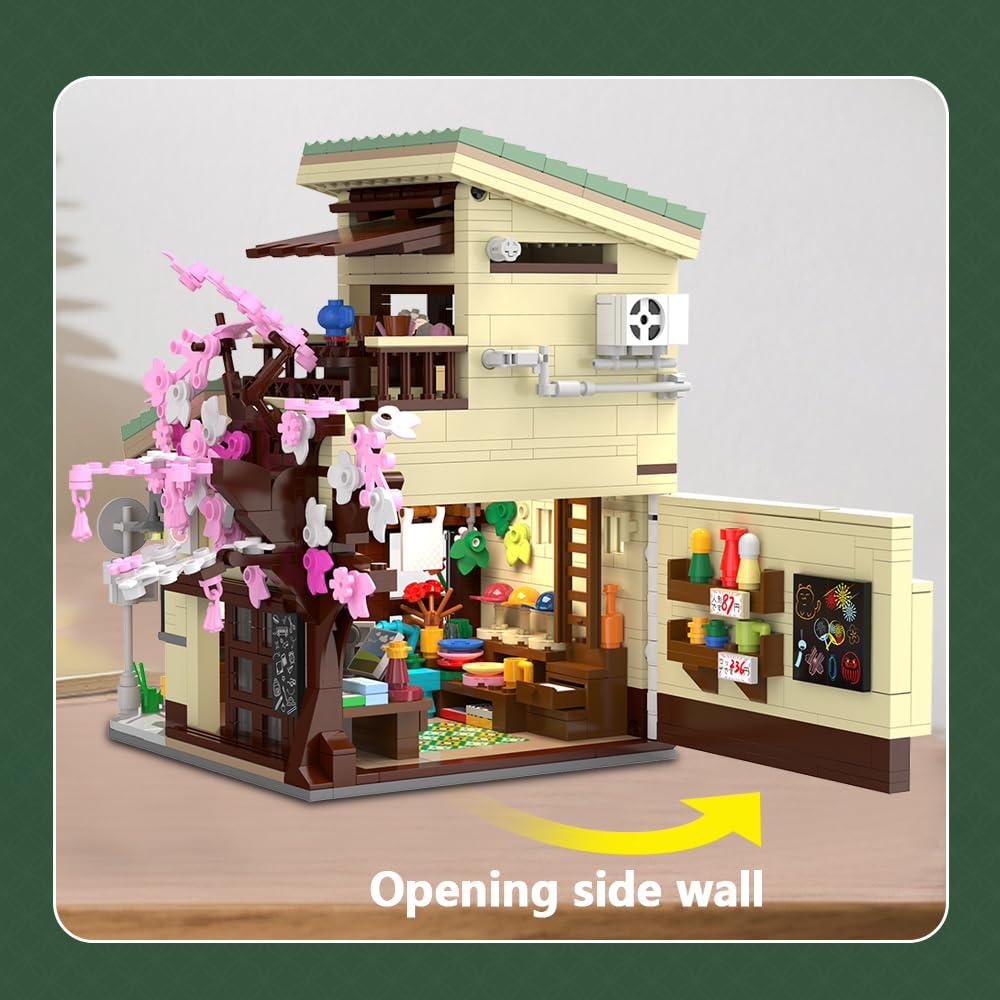 CaDA Japanese Style Cat Grocery Store House Building Set – 8,921-Piece Kit with Lights