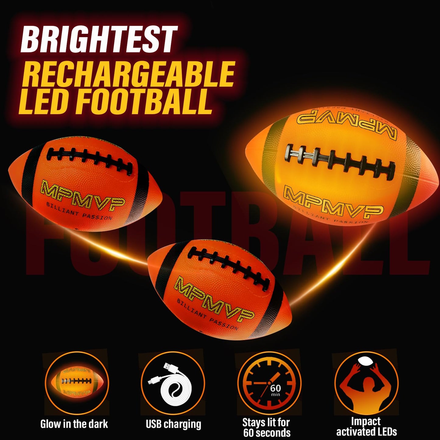 Cadyaw Light Up Football – Official Size 9 Rechargeable Glow Football for Night Games and Outdoor Play