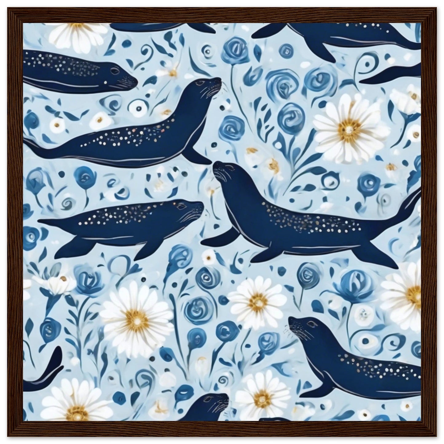 Whimsical Seal and Daisy Framed Wall Art – Coastal Nature Print, Ready to Hang
