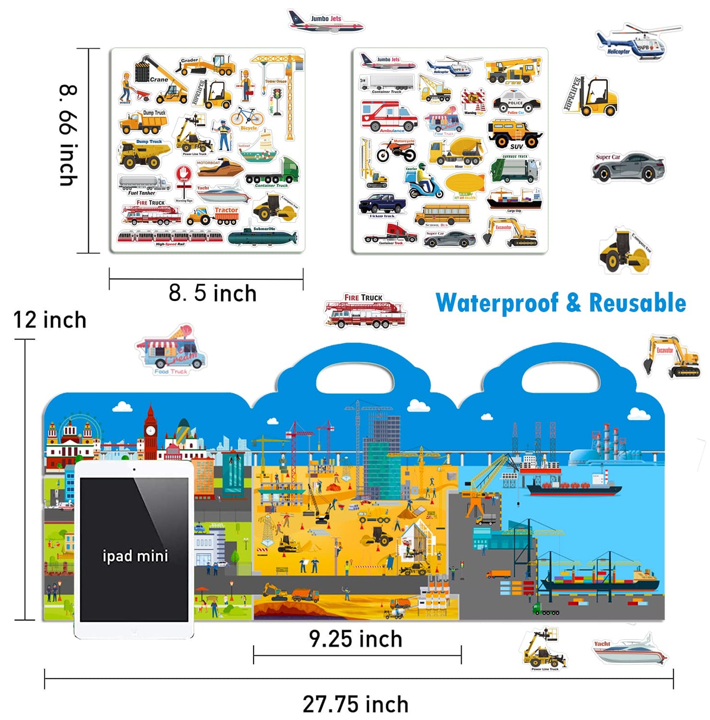 Cafalibe Reusable Sticker Book for Kids – 45 Vehicle 3D Jelly Stickers, Travel Activity