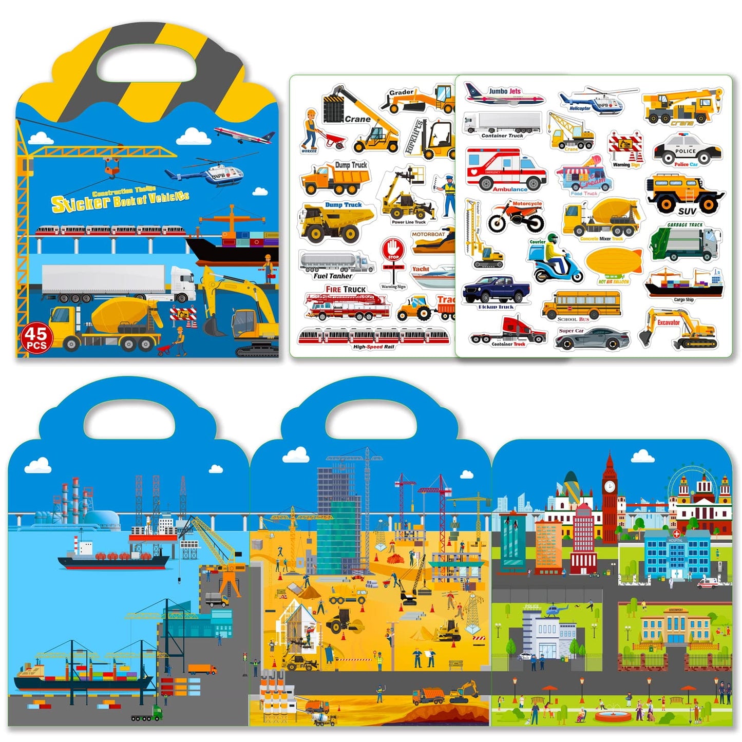 Cafalibe Reusable Sticker Book for Kids – 45 Vehicle 3D Jelly Stickers, Travel Activity